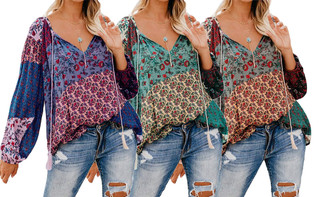 2305  NEW Floral print  V-neck long-sleeved top-LA  6758