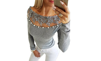 NEW-Spring and summer off-shoulder perspective lace pearl top-LA