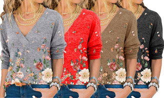 2305  NEW V-neck drop shouder flower print long-sleeved top-LA  6759