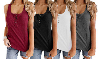 NEW-Tank Tops Button Down Sleeveless Scoop Neck Vest Shirts -1082LA