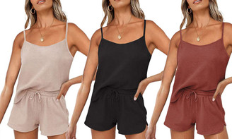 New-Women's Summer Casual Two-Piece Sleeveless Drawstring Shorts Set Homewear-LA Y017