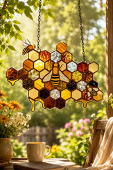 Decorative Bee Stained Glass Window Hanging Garden Wall Ornament-1050la