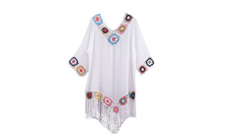 NEW Off-the-shoulder three-quarter-sleeve chain link stitching irregular fringed beach smock-proof blouse ethnic style dress  5066 LA