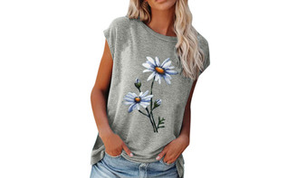 NEW  Loose Crew Neck Floral Print Short Sleeves 5192