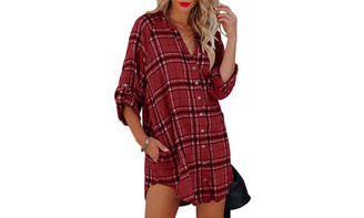NEW  Shirt Plaid Print V-Neck Long Sleeve Top  5493