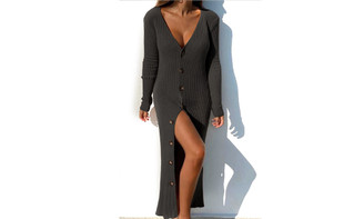 NEW Autumn Knit Rib Button Long Sleeve Cardigan Dress 5600