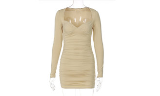 NEW Deep V-bandeau long sleeves slim fit pleated fashion dress 5659