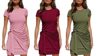 2302  NEW Irregular short sleeve round neck pleated bow belt dress 6304