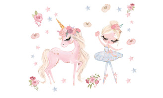 2303 NEW Cartoon lavender unicorn ballet star flower wall sticker  6364