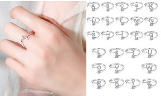 2304 NEW 26 English Letter Style Diamond Set Sterling Silver Ring with Adjustable Opening 6650