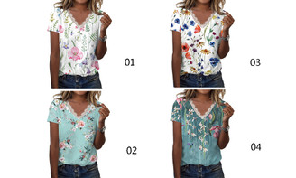 2304 NEW Flower print lace V-neck short sleeved T-shirt top 6670