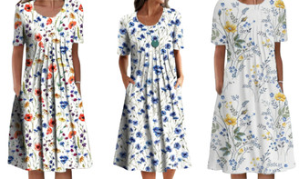 2304 NEW Oversized round neck printed short sleeved dress 6681