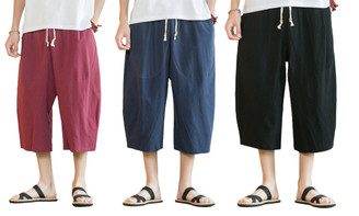 2304  Men's loose oversized cotton and linen capris casual wide leg pants 6804