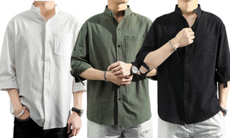 2304 Men's casual cotton linen three quarter sleeved shirt stand up collar top 6807