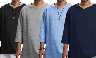 2304 NWE Men's 9-quarter sleeved V-neck cotton linen loose fitting shirt6609