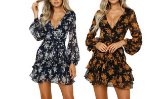 2304  NEW Women's dress Long sleeved printed low cut V-neck tie up dress 6813