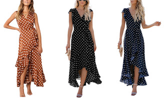 2304  NEW Polka dot V-neck printed ruffle edge cross skirt 6817