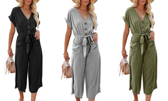 2304  NEW  Loose casual V-neck lace up pocket jumpsuit 6822