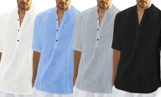 2304  NEW Men's comfortable casual breasted linen medium sleeved shirt 6850