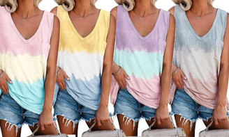 2304  NEW  Spring and Summer Women's Gradient Contrast V-neck Tank Top T-shirt Top 6857