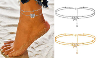 2304 NEW Sparkling Diamond Butterfly Double Layer Feet Chain 6872