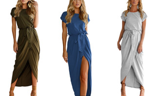 2305 NEW Solid color reverse sleeved flat short sleeved round neck irregular dress 7030LA