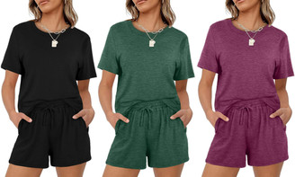 2305 NEW New Women's Casual Solid Short Sleeve Elastic Lace up Pocket Shorts Set 7037LA