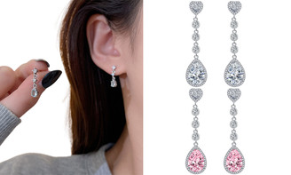 2305 NEW S925 Silver Needle Love Droplet Set Diamond Long Earrings 7072LA
