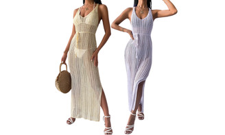 2305 NEW Solid Color Sexy Knitted Strap Hollow Out Dress 7182LA