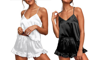 2306 NEW Satin V-neck suspender with ruffle edge shorts two-piece pajama set 7401LA