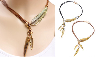 2306 NEW Feather Leaf Diamond Black Leather Rope Multi layered Tassel Necklace     7421LA