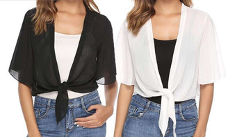 2306 NEW Women's solid color short sleeved chiffon cardigan 7438LA