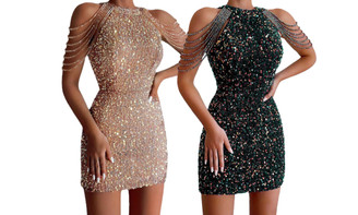 2306 NEW Hanging neck sexy crystal tassel wrap buttocks sequin dress 7459LA