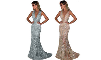 2306 NEW Annual Meeting Evening Dress Women's Long Sleeveless Sexy Deep V Sequin Dress 7467LA