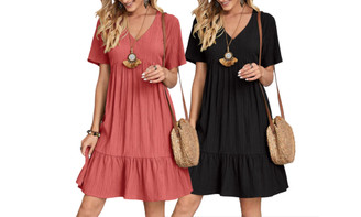 2307 NEW V-neck solid color loose fitting casual short sleeved dress 7518LA