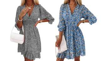 2307 NEW V-neck waist up 3/4 sleeve floral dress 7525LA