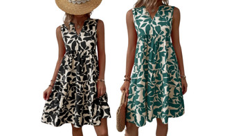 2307 NEW Loose V-neck pleated printed dress for women 7526LA
