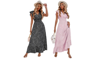 2307 NEW V-neck waistband long skirt with ruffle edge elegant dress for women 7527LA