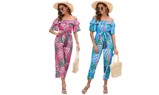 2307 NEW Women's one-piece shoulder ruffled short sleeved leaf printed jumpsuit 7531LA