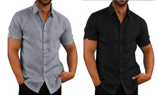 2307 NEW Summer Polo Collar Solid Short Sleeve Button Men's Linen Shirt 7801LA
