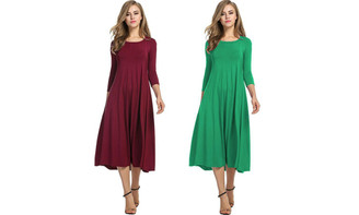 2308 NEW Summer Dress Fashion Round Neck Mid Sleeve Solid Color Swing Dress 7864LA