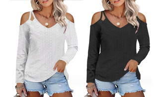 2308 NEW Autumn/Winter European Solid V-Neck Double Shoulder Off Shoulder Hollow Out T-shirt 7925LA