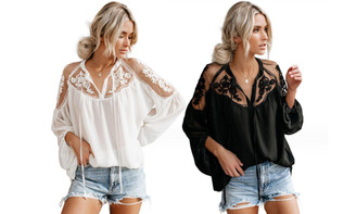 2308 NEW Solid Chiffon Shirt Women's Shirt Large Loose V-neck Sexy Lace Shirt 7926LA