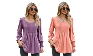 2308 NEW Autumn/Winter T-shirt Solid Pleated Round Neck Long Sleeve Top 7944LA