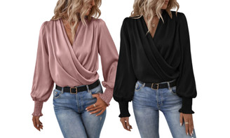2308 NEW Women's V-neck lantern sleeve solid color shirt 7999LA