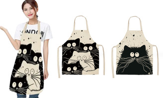 2309 NEW Black and white cat cartoon linen apron for home cooking sleeveless neck hanging apron 8151la