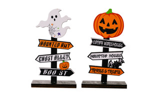 2309 NEW 2PC Halloween Wooden Crafts Decoration Pumpkin Ghost 8196la