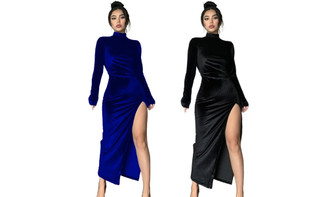 2402 Autumn and Winter High Neck Long Velvet Long Skirt Slim Fit Ruffled Split Dress 8368LA