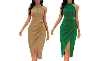 2404 Sparkling stand up collar hanging neck dress, slim fitting sexy slit irregular dress 8438LA
