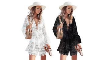 2405 NEW Summer bikini cover up sexy V-neck sun protection shirt lace flower bikini beach skirt 8464LA
